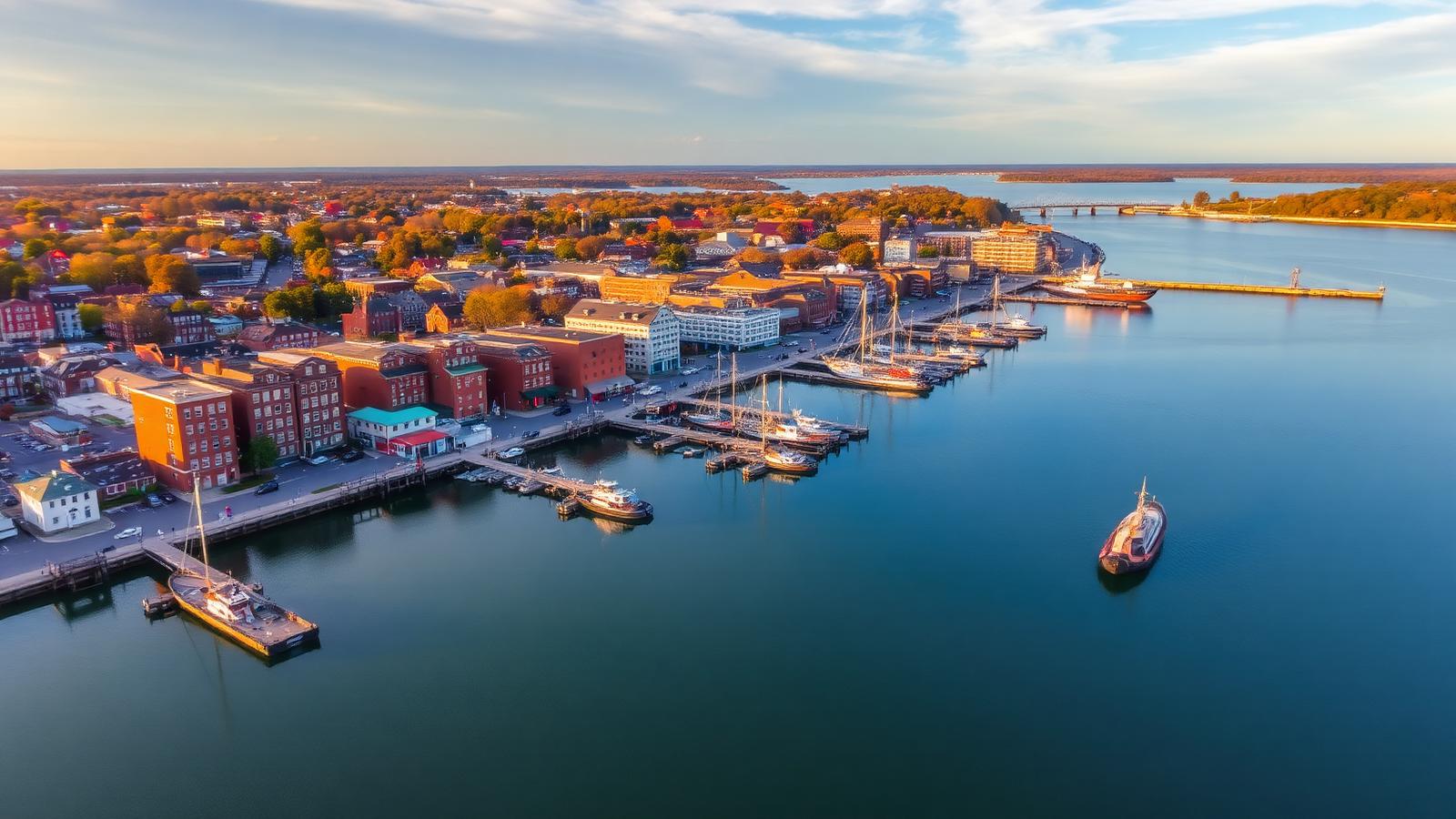 Aerial view of Portsmouth NH harbor and downtown Seacoast waterfront