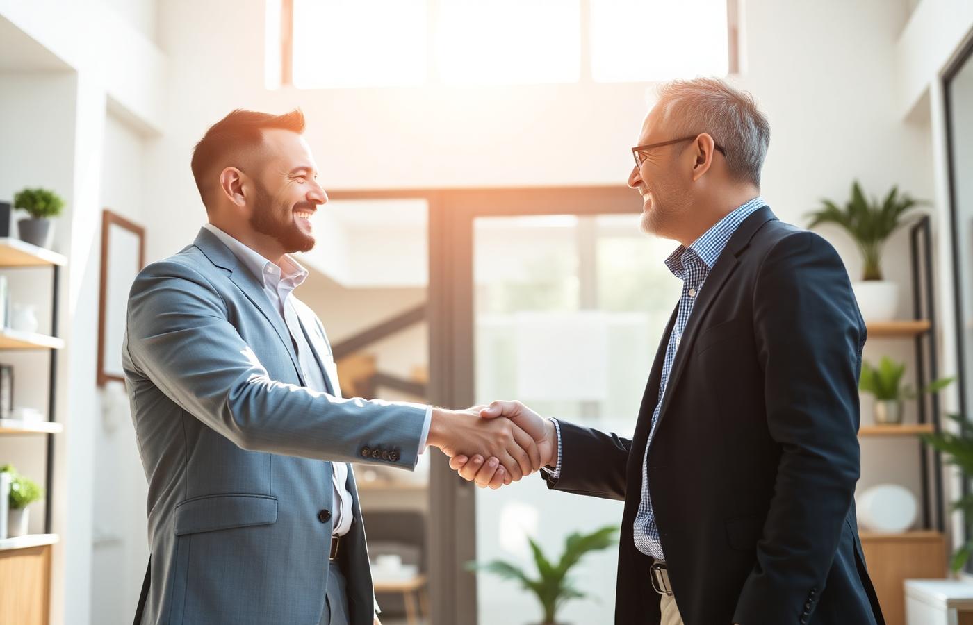 Two business professionals shaking hands inside a bright office, symbolizing partnership and trust